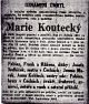 Marie (Kolar) Koutecky - Obituary in 'Denni Hlasatel' newspaper 28 Apr 1931